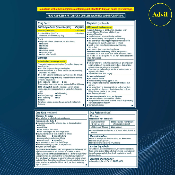 Advil Dual Action Caplets – Ibuprofen &amp; Acetaminophen Pain Relief, 72 Ct - Exotic Pro