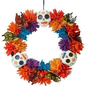 Spooky Village 18" Skull Wreath with Butterflies – Halloween Door Decor - Exotic Pro