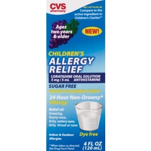 CVS Health Children's Allergy Relief Loratadine Syrup – Sugar-Free, Grape Flavor, 4oz