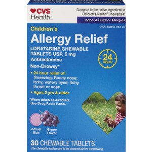 CVS Health Children's 24HR Allergy Relief – Dye-Free Loratadine Chewable Tablets, Grape, 30ct