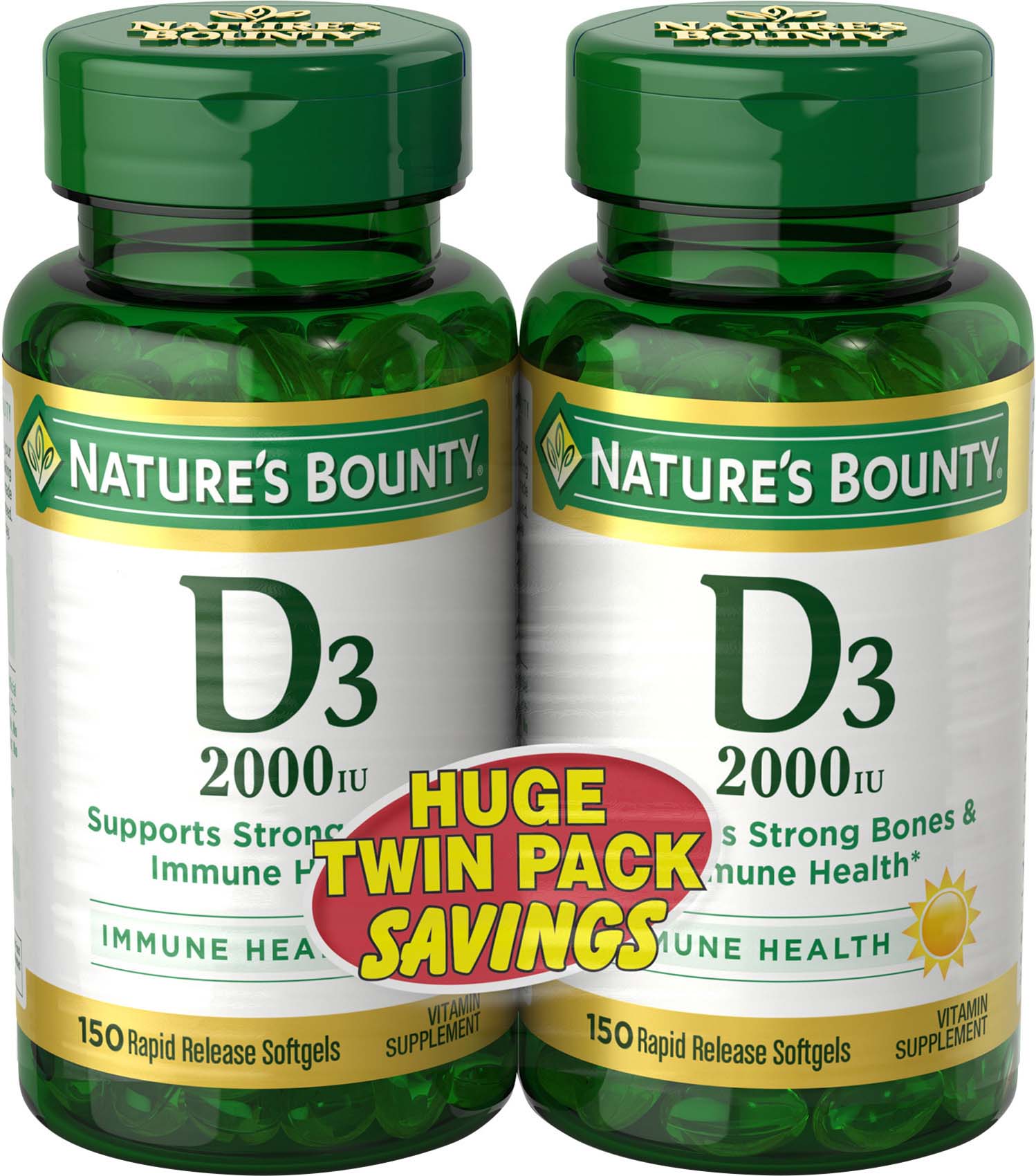 Nature's Bounty Vitamin D3 2000 IU Softgels – Bonus Twin Pack 150+150 ct