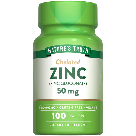 Nature's Truth Chelated Zinc 50mg | 100 Tablets | Essential Mineral Supplement | from Zinc Gluconate | Vegetarian, Non-GMO, Gluten Free