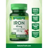 Iron Ferrous Sulfate 65mg | 120 Vegetarian Tablets | Non-GMO and Gluten Free Supplement | By Nature&