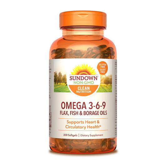 Sundown Omega 3-6-9, With Flax, Fish, and Borage Oils, Supports Heart and Circulatory Health, 200 Softgels (Packaging May Vary)