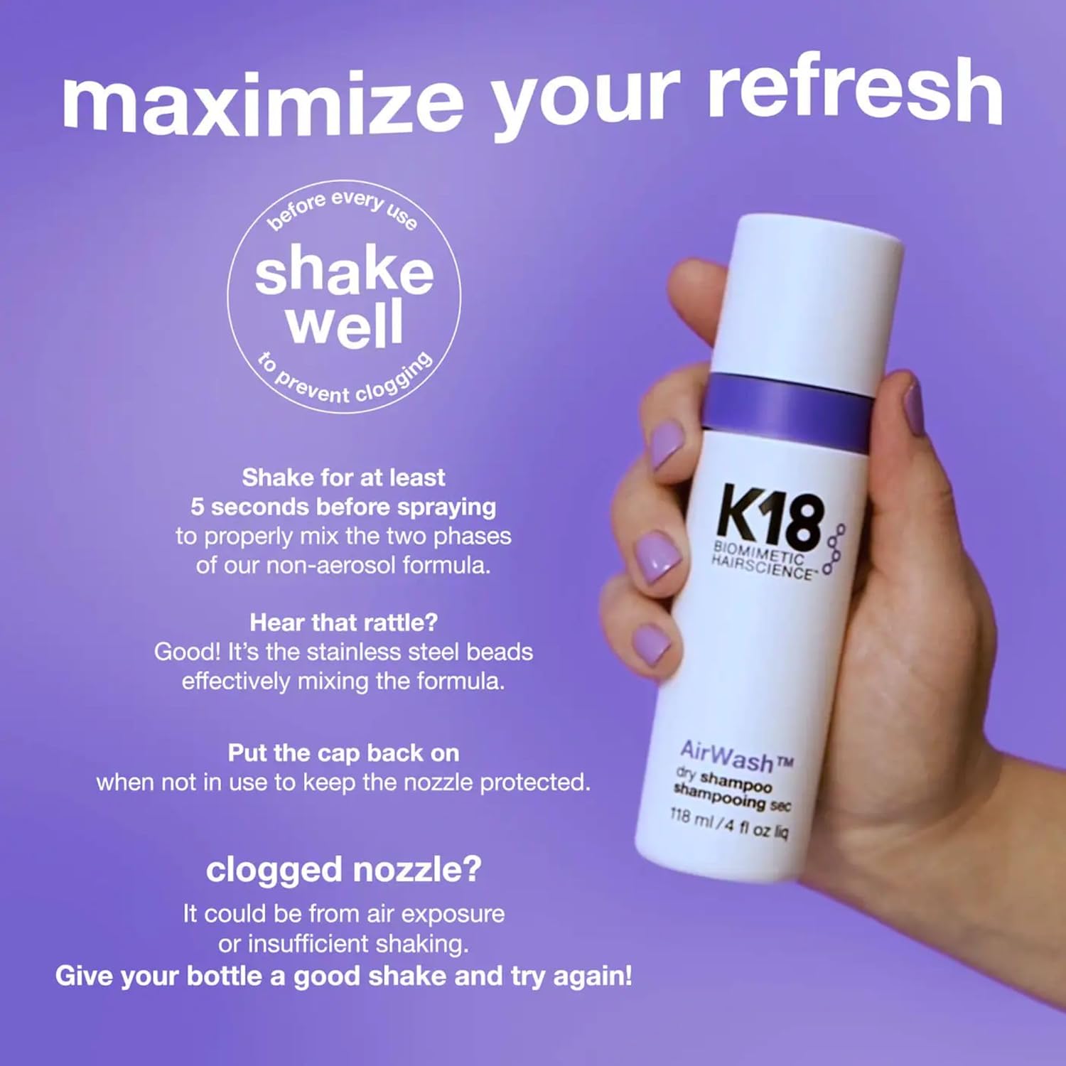 K18 Biomimetic Hairscience AirWash Dry Shampoo – 4 oz / 118 mL