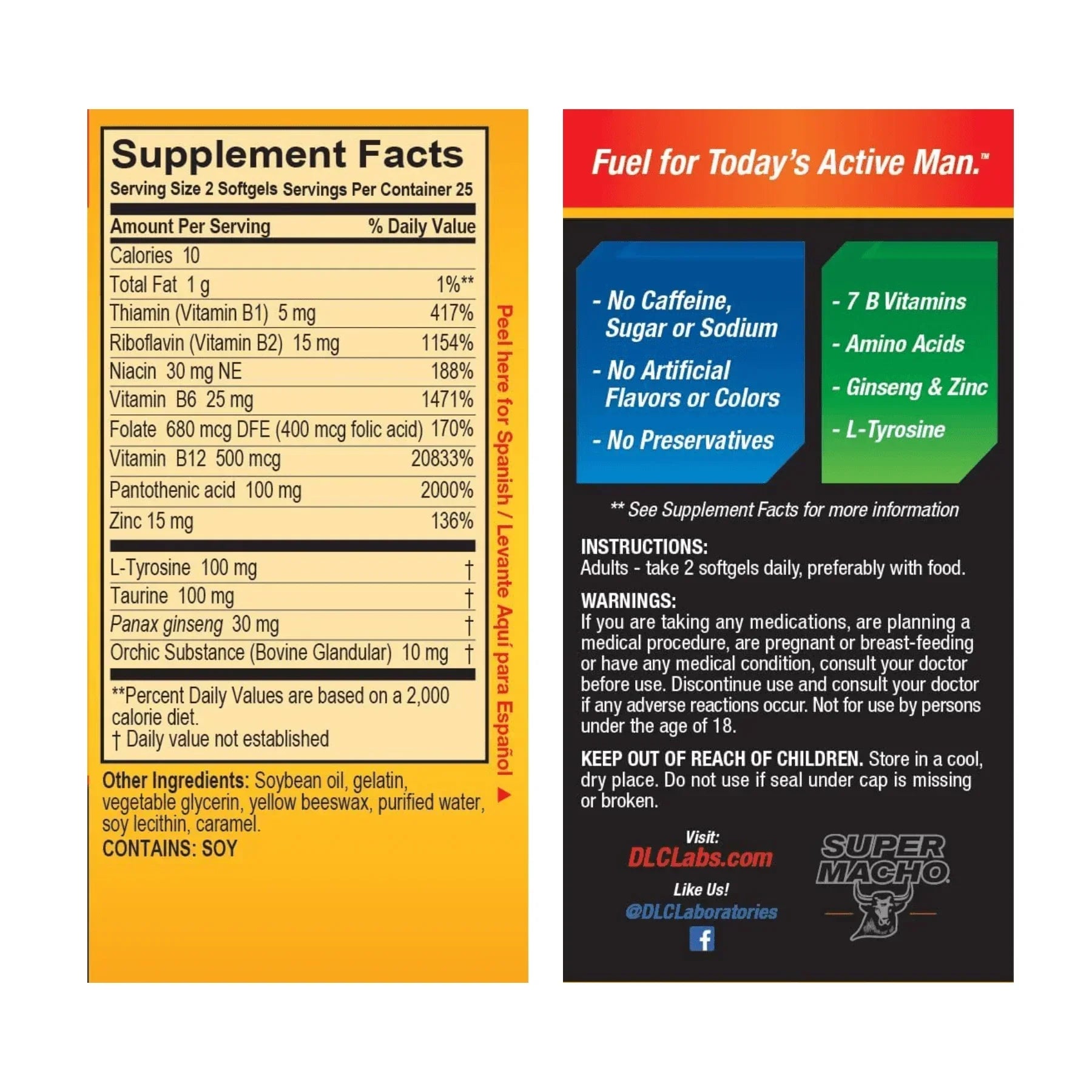 Super Macho Vitamin B Supplement for Men | 50 Ct with Ginseng & Zinc - Exotic Pro