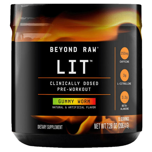 Beyond Raw LIT Pre-Workout Powder – Gummy Worm, 250mg Caffeine, 7.44 oz