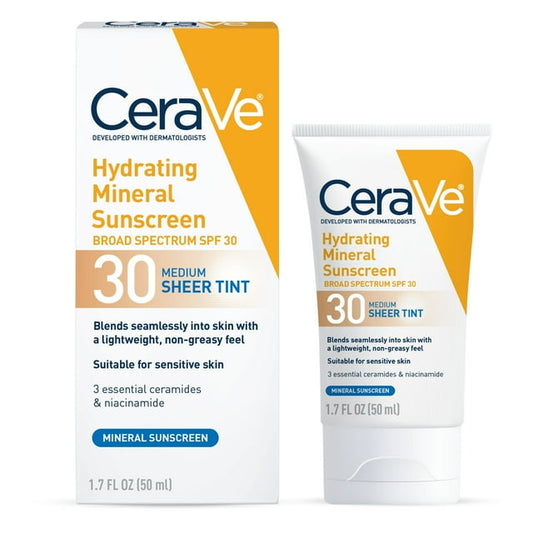 CeraVe Hydrating Mineral Sunscreen, Sheer Tint Facial SPF 30, 1.7 fl oz.