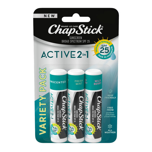 ChapStick Active 2-in-1 Variety Pack – SPF 25, 3 Ct | Unscented, Wild Berry & Fresh Mint