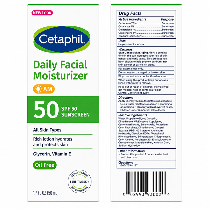 Cetaphil Daily Facial Moisturizer with SPF50, Fragrance &amp; Oil Free, 1.7 oz