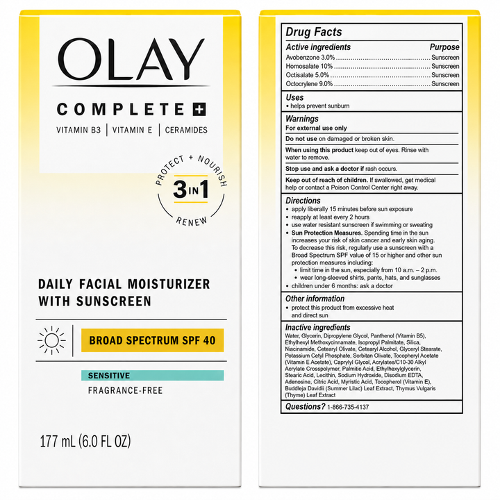 Olay Skincare Complete Plus SPF 40, Hydrating Facial Moisturizer, for Sun Protection, 6 fl oz
