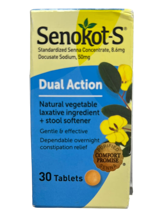 Senokot-S Dual Action Senna + Stool Softener Laxative, 30 Tablets - Exotic Pro
