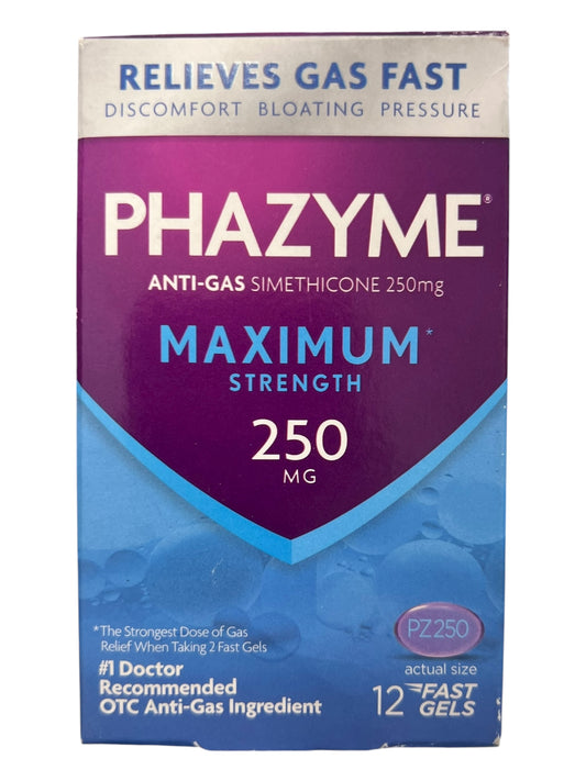 Phazyme Maximum Strength Gas Relief – 250mg, 12 Softgels | Fast Bloating Relief - Exotic Pro