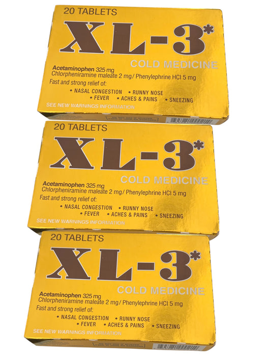 XL-3 Cold & Flu Tablets, Non-Drowsy Nasal Congestion & Fever Relief, 20 Ct pack of 3