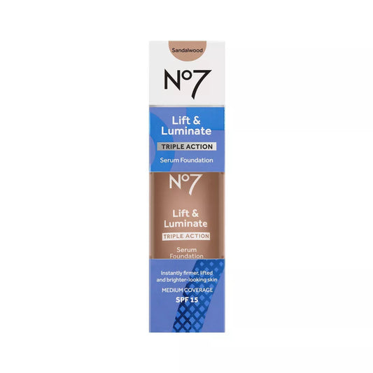 No7 Lift & Luminate Triple Action Serum Foundation – Sandalwood, 1 fl oz