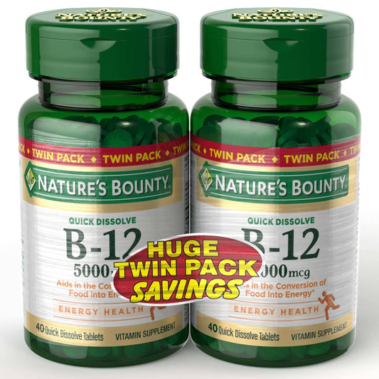 Nature's Bounty Vitamin B12 5000 mcg, Energy Support, 40 Tablets (2-Pack)