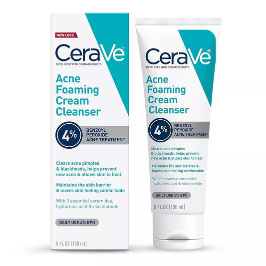 CeraVe Acne Foaming Cream Cleanser | Acne Treatment Face Wash with 4% Benzoyl Peroxide and Niacinamide | 5 fl oz