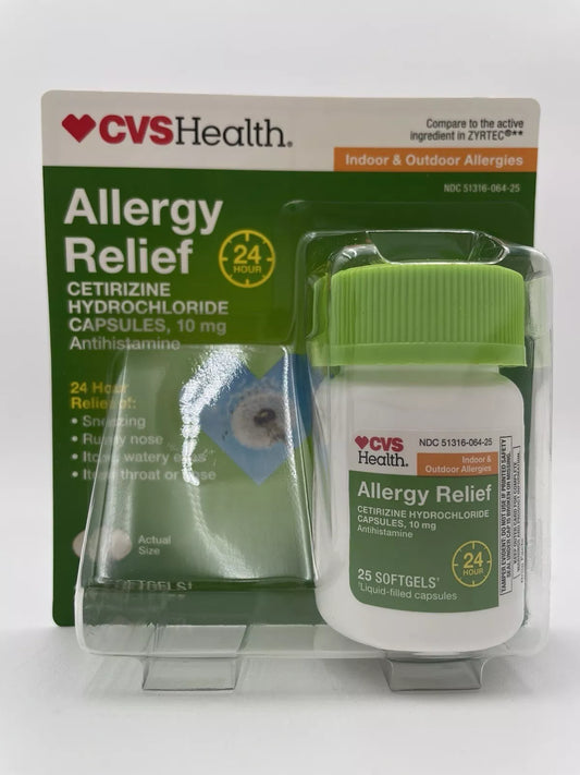 CVS Health Allergy Relief – Cetirizine HCl 10mg, 25 Softgels