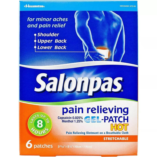 Salonpas Pain Relieving Gel Patch Hot – 8hr Menthol Stretchable (6 ct)