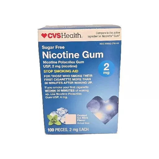 CVS Nicotine Gum 2mg, Ice Mint Coated, 100 Pcs – Stop Smoking Aid