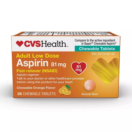 CVS Health Adult Low Dose Aspirin 81mg – Chewable, Orange Flavor, 36ct