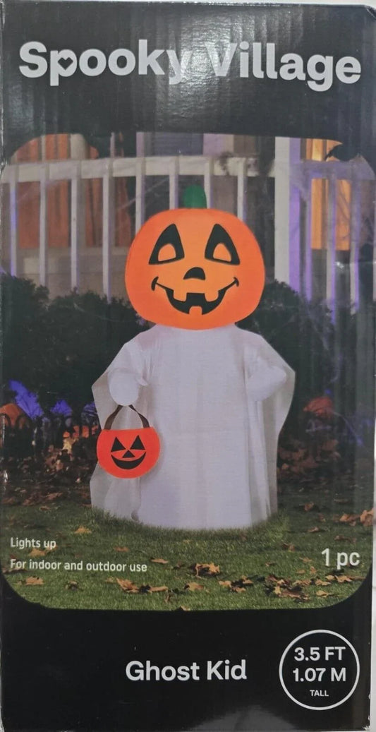 Spooky Village 3.5FT Inflatable Ghost Kid – Light-Up Halloween Yard Decor - Exotic Pro
